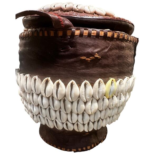 Antique African Tribal Art Hausa Cowrie Shell Hand Basket 8" Leather Handle Trim - Picture 4 of 12